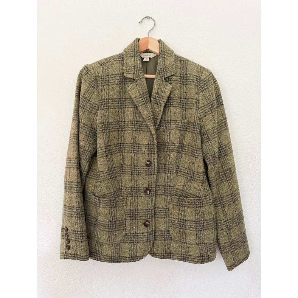 Vintage Women M Green Excellent Plaid Wool Silk Blend 3-Button Blazer Jacket